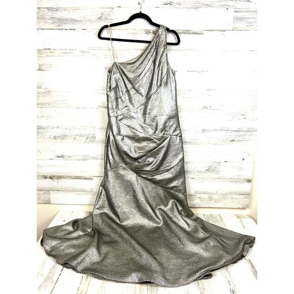 Carmen Marc Valvo Women’s 12 Silver Goddess One Shoulder Designer Formal Gown - Picture 2 of 5